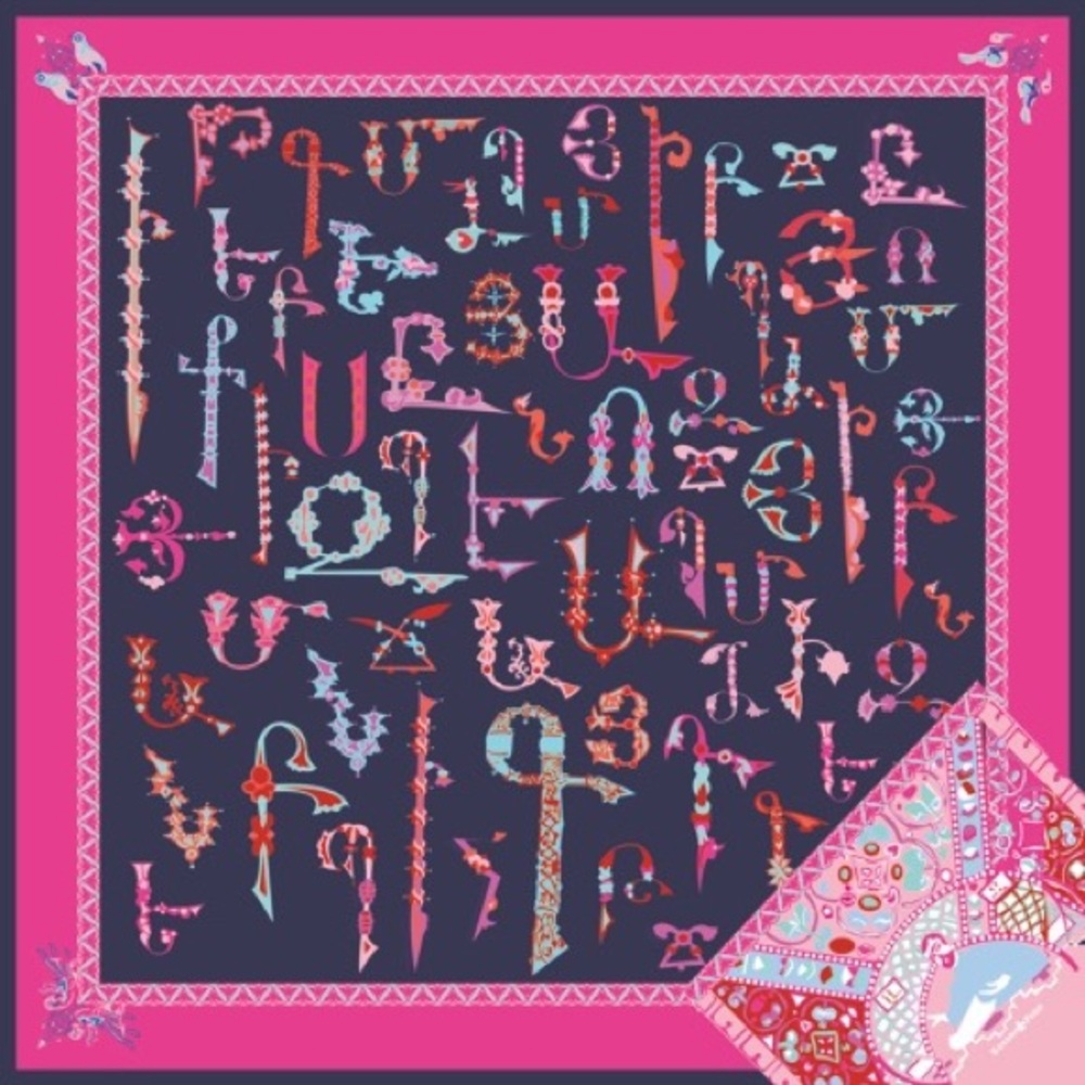 Silk navy Armenian alphabet scarf (140 x 140 cm)